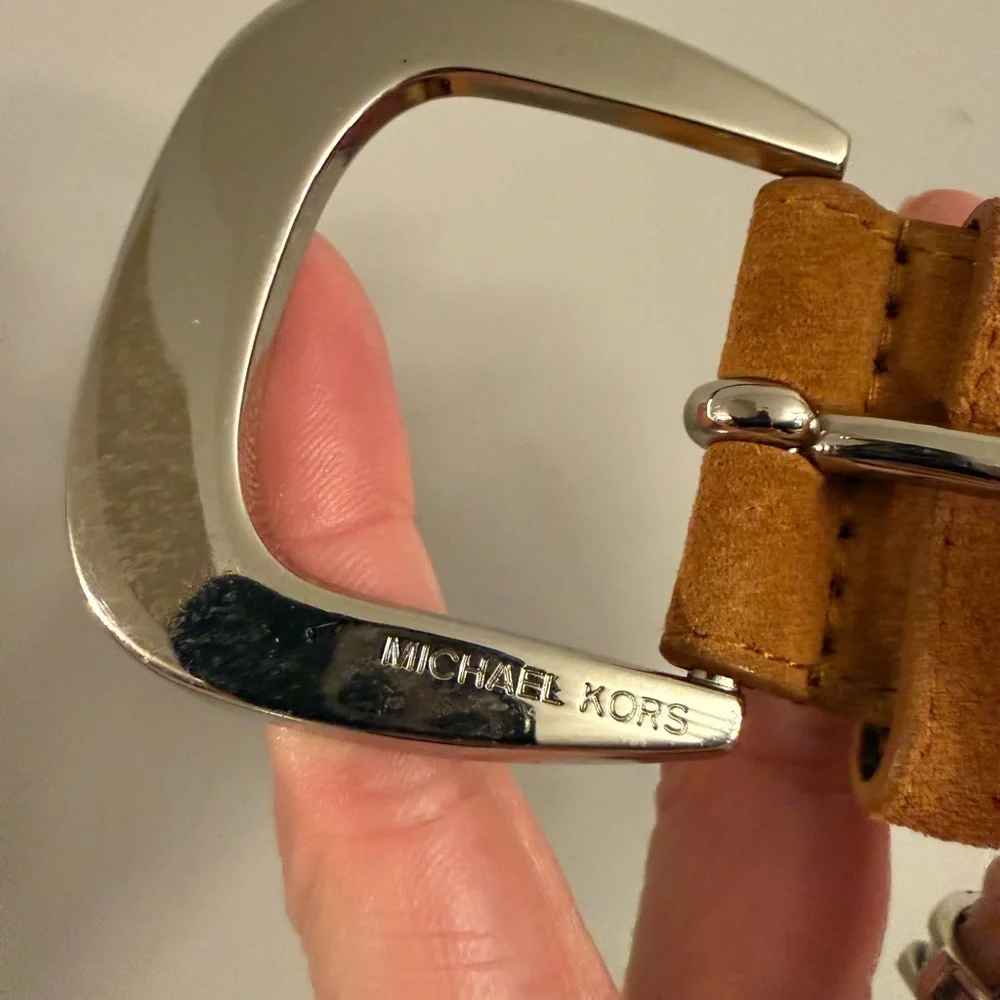 Michael Kors Studded Leather Belt Brown & Black Silver Buckle